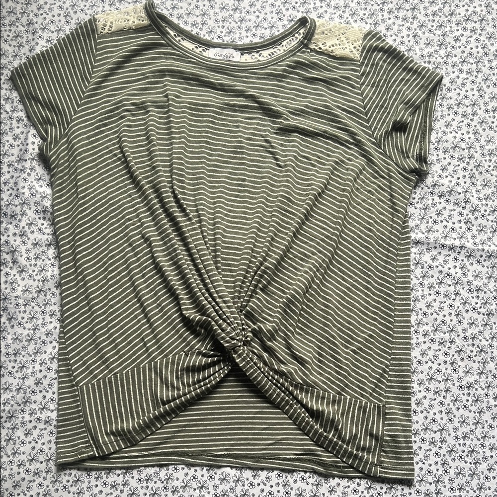 Olive Striped Tee with Lace Accents